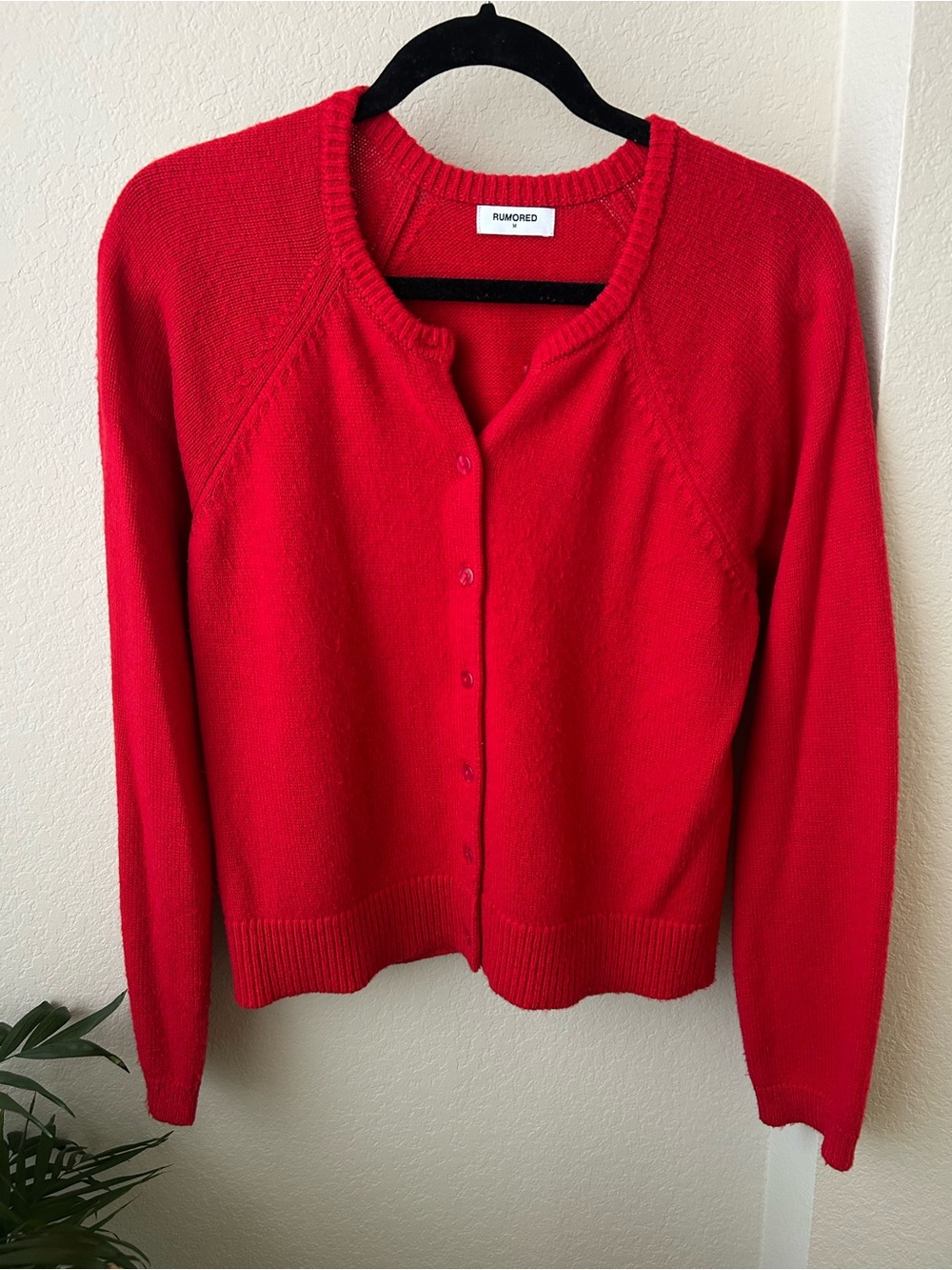 Rumored Bright Red Button-Front Crewneck Cardigan